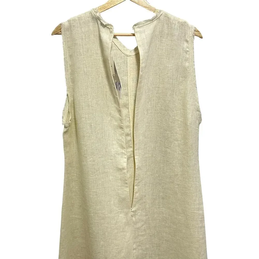 NWT ZARA 100% Linen Minimalist Sleeveless Shift Natural Vanilla  Midi Dress - Picture 8 of 14